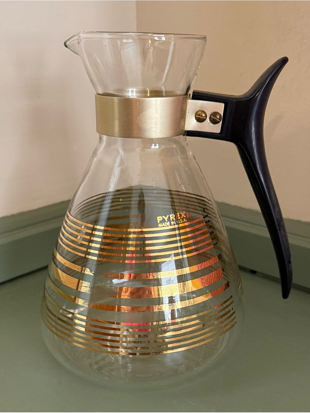 Pyrex Glass Coffee Carafe with Gold Stripes and Black Handle
